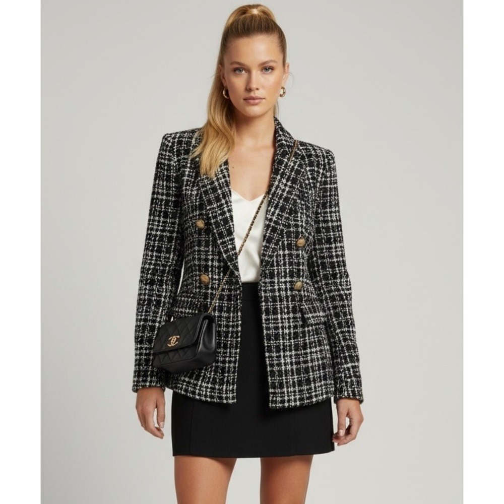 New Look Black White Boucle Tweed Blazer Size 8 Double Breasted Gold Button